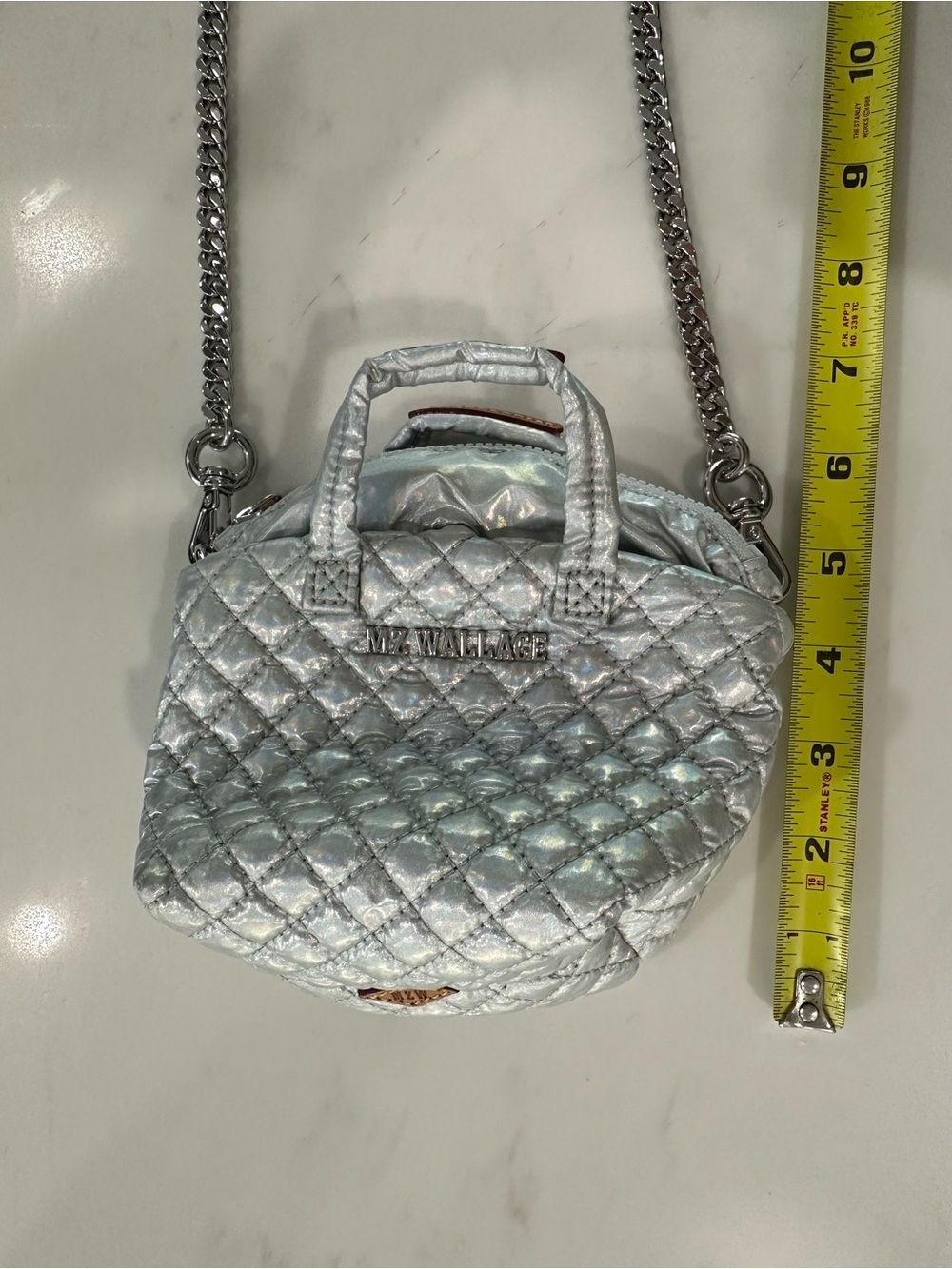 MZ Wallace Quilted Iridescent Silver Mini Shoulder Bag